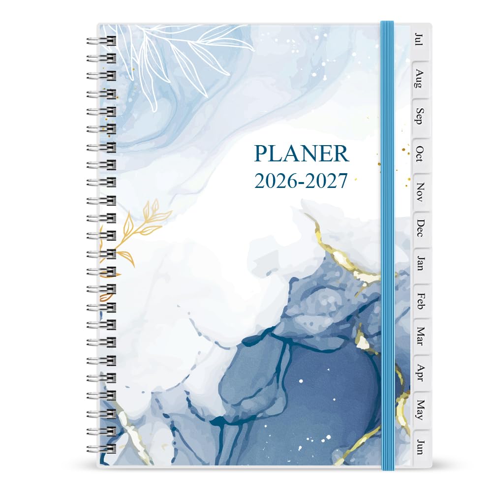 2026-2027 Tagebuch Juli 2026 - Juni 2027 Wochenplaner mit Monatsregistern Gesäßtasche Doppeldrahtbindung einfache Organisation des täglichen Lebens 14 8×21cm Blue-Watercolor