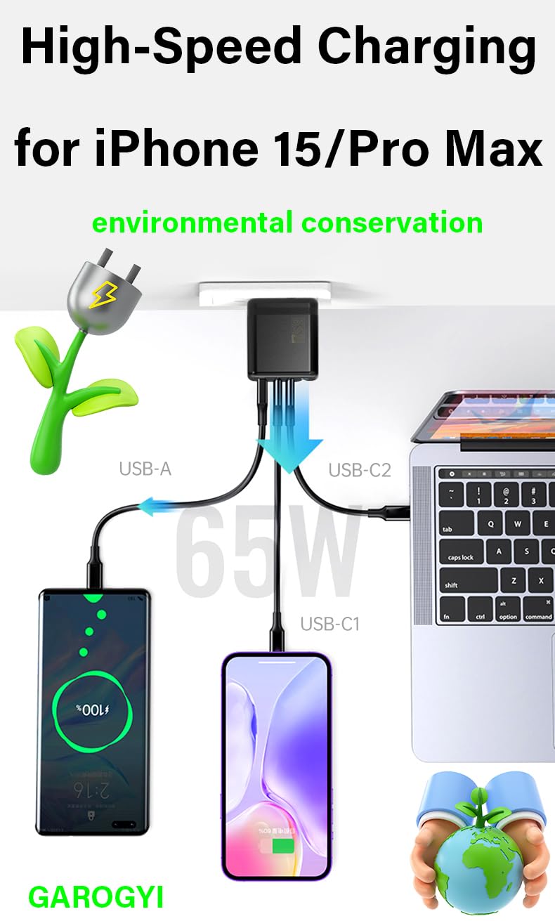GAROGYI USB C Charger 65W, 3 Ports GaN Fast Charger Block, Compact Foldable Wall Charger with USB-C Cable for iPhone 15 Pro Max,iPad,MacBook Pro/Air, Galaxy S23,Dell XPS 13, Pixel 8 and More (Black)