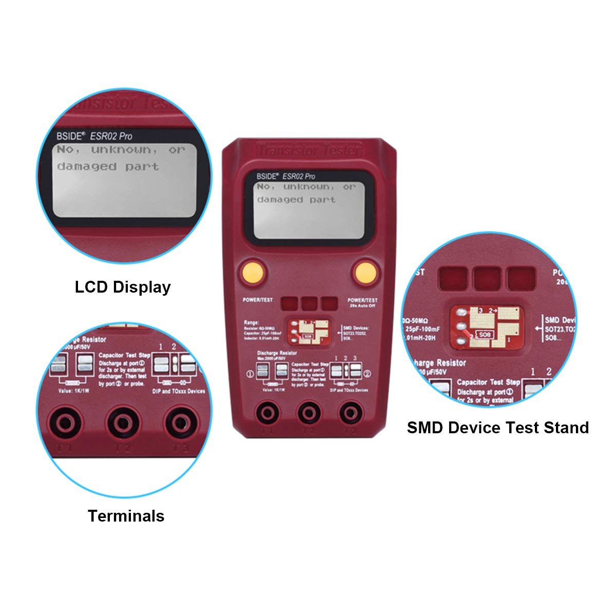 BSIDE ESR02 PRO Probador de Transistores SMD Componentes Comprobador Mega328 NPN/PNP Diodo Resistor Inductor Capacitancia ESR Meter con pinzas
