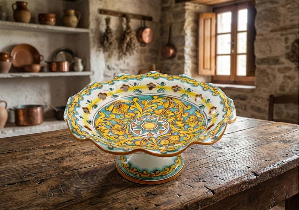 Centrotavola alzata grande in ceramica siciliana giallo e verde di santo stefano di camastra decorata a mano Gianluca Art 3