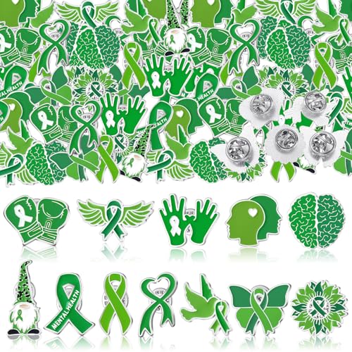 Image of Landical 60 Pcs Mental Health Awareness Pins Bulk Green Ribbon Awareness Pin Items for Women Men Charity Event Supplies Gifts