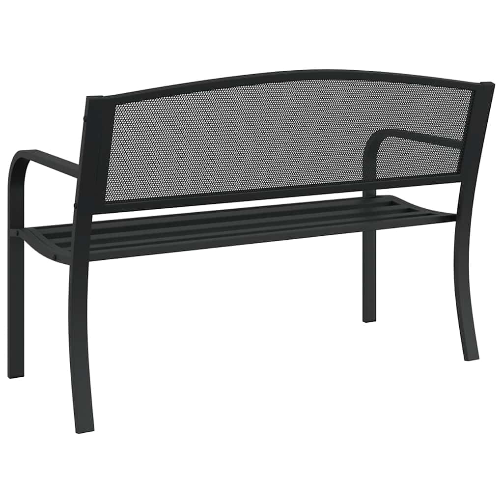 Ławka ogrodowa ze stali, czarna, 119 cm, z oparciem i podłokietnikami, na taras i do ogrodu, odporna na warunki atmosferyczne, wytrzymała, komfortowa, dwuosobowa ławka do siedzenia