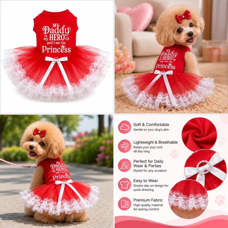 Robe pour chiot rouge et dentelle blanche S My Daddy Is My Hero - 4