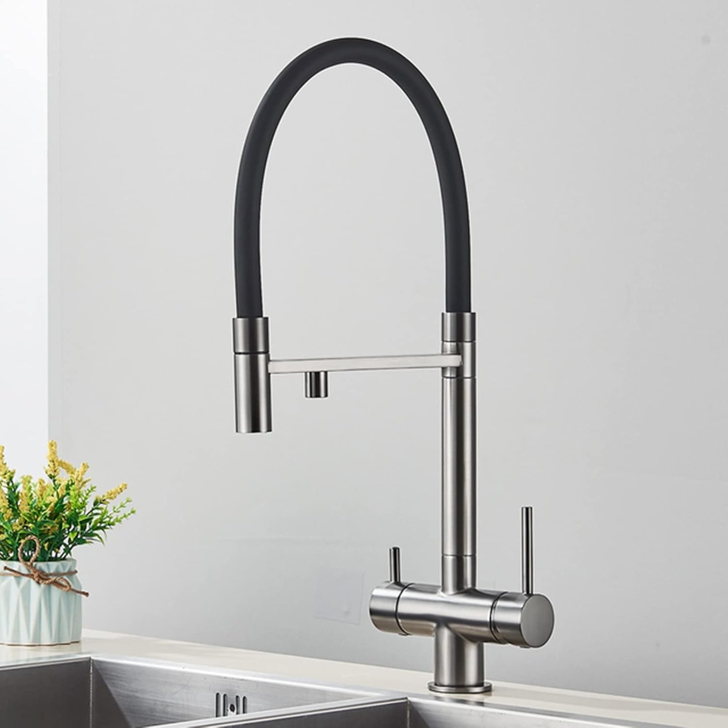 Kitchen Faucet with Pull Down 2 Handle Water Filter Purifier, Brass 360° Flexible Swivel Mixer Tap (Gray)