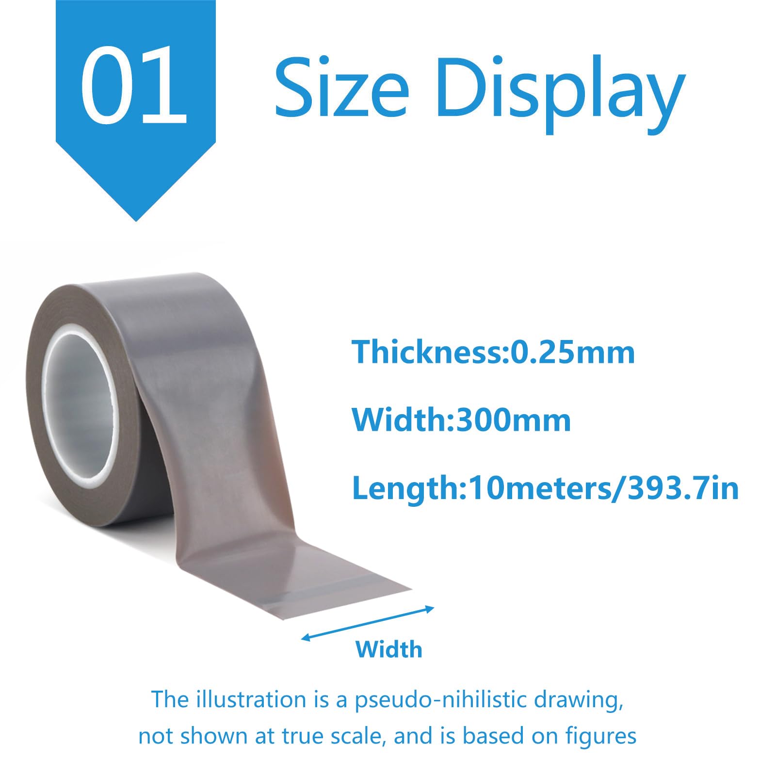 Tiras adhesivas de teflón, Cinta de PTFE 300 mm ancho, 10 m largo, 0,08 a,25 espesor(Thick0.25mm)