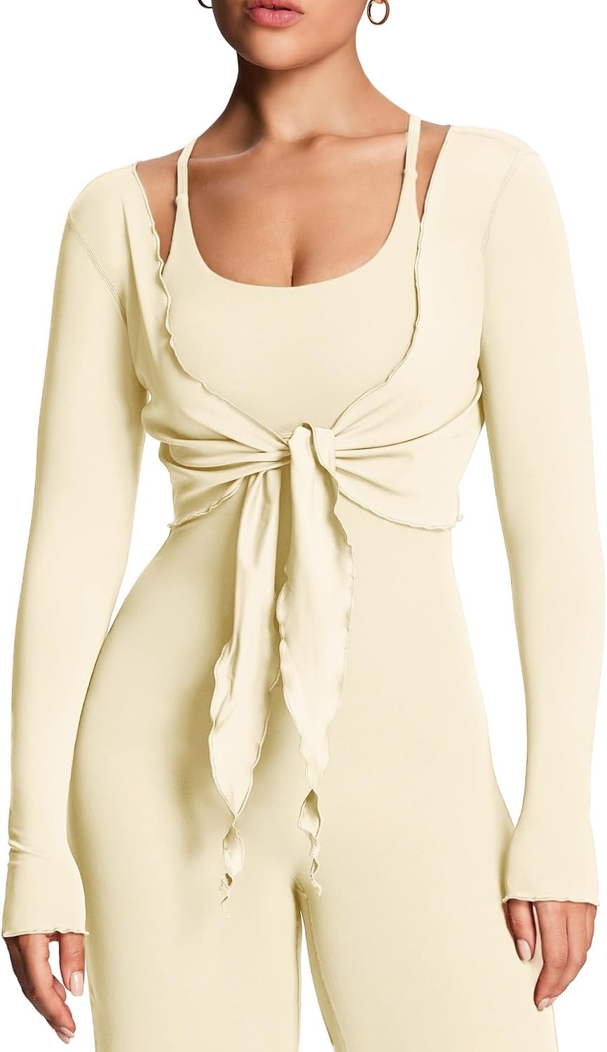 Aoxjox Women's Athlenza Ruffle Wrap Tie Front Tops Long Sleeve Shrug Crop Top Ballet Yoga Workout Cardigan
