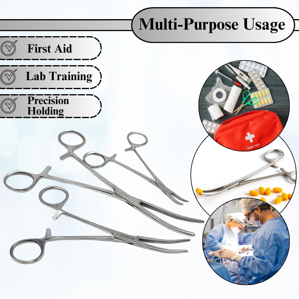 Pean Hemostat Forceps Stainless Steel Serrated Locking Pliers Multipurpose Tools for Lab & Small Parts Handling - 5" + 6.25" + 8" (6 Pcs Straight + Curved)
