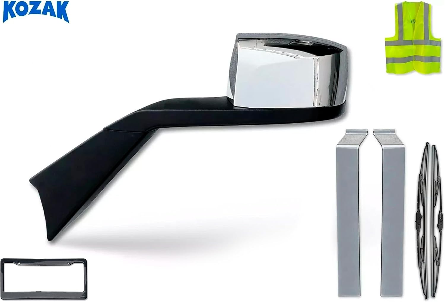 KOZAK Hood Heated Chrome Mirror (Left Driver Side) and Chrome Trim Mold Middle Center Bumper Pair compatible with Volvo VNL 2018+ PLUS Logo, 2x Wipers, License Plate Frame and Vest
