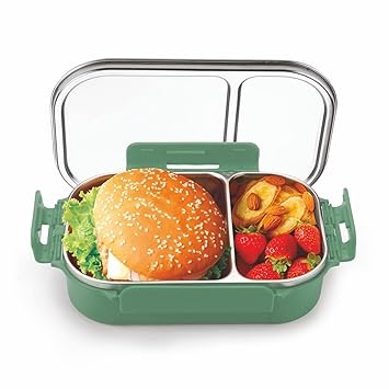750ml Slim Stainless Steel Lunch Box with Partition Small, Food Grade BPA Free, Containers with Air Tight Leak Proof Lids, Clip Lock, Compact Sleek Tiffin Box Dishwasher Safe (E Green)