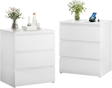 White Nightstand Set of 2,Wooden Bedside Table with 3 Drawers,Bedside Storage Cabinet Unit with Sturdy Base for Bedroom,End Side Tables for Living Room