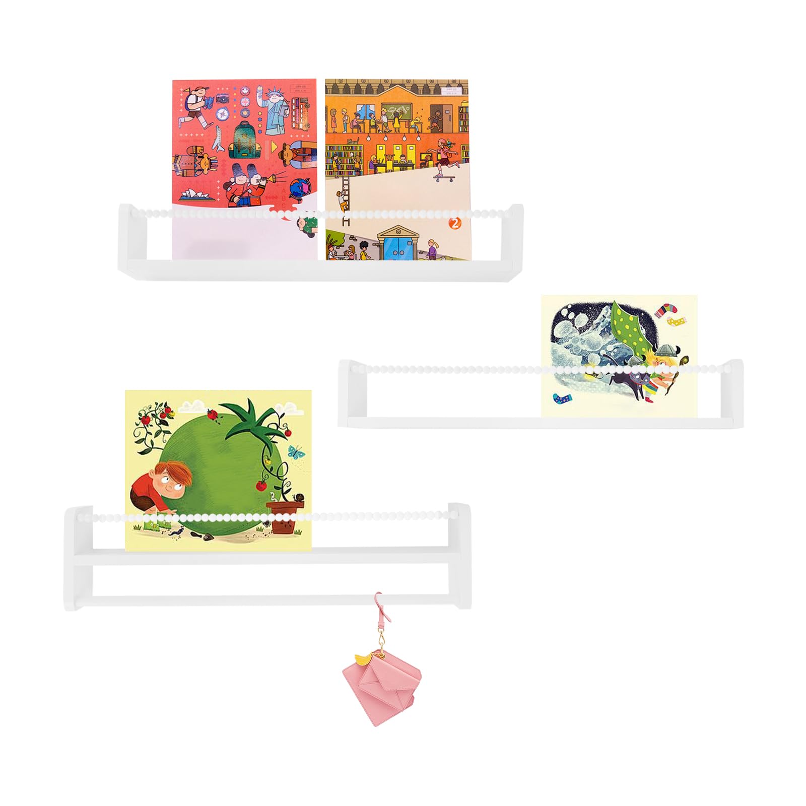 Juego de 3 estanterías infantiles de 58 cm, estantes flotantes de madera con barreras de perlas de madera, para salón, cocina, dormitorio, color blanco