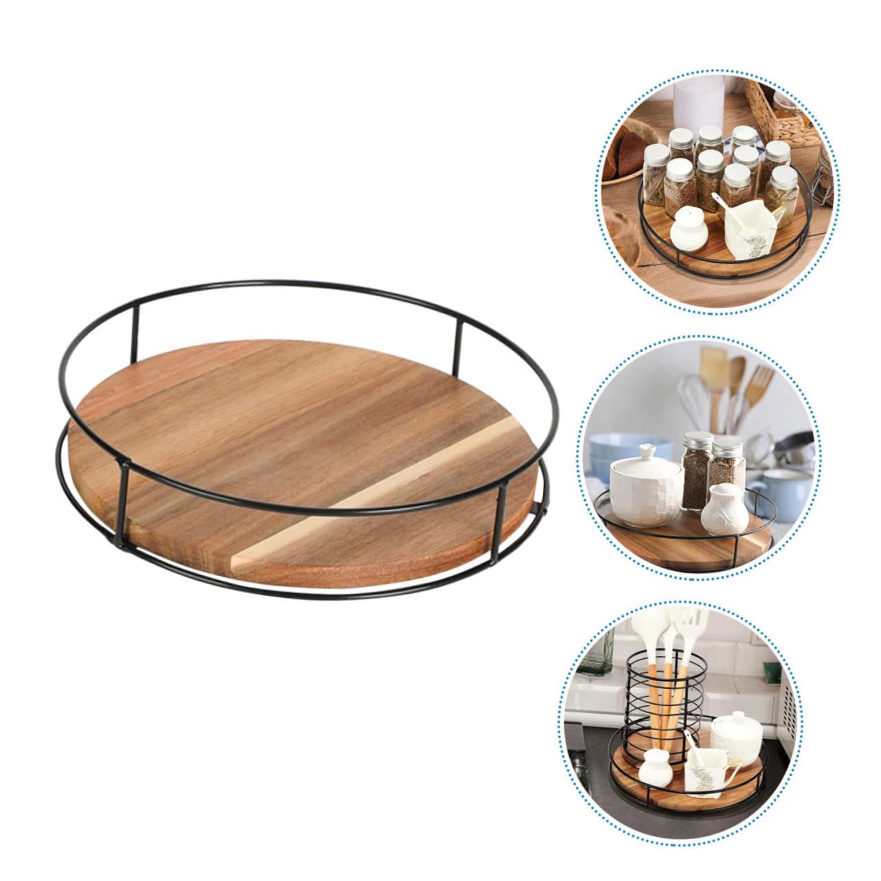 Amosfun Bandeja Organizadora Giratoria Redonda de Madera E Hierro Marrón | Cocina y Baño, Diseño Práctico Multifuncional, Fácil de Sacar Objetos, Soporte para Tarro de Especias