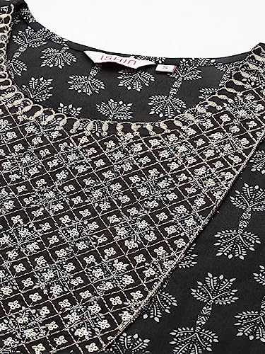 Image of ishin Women's Cotton Embellished Black A-Line Kurta