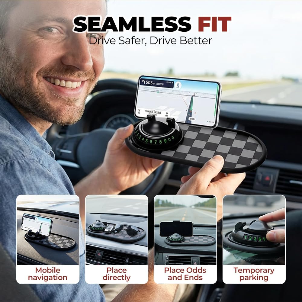 Multifunctional Car Anti-Slip Mat with 360° Rotating Phone Holder & Temporary Parking Number, Anti Slip Mat for Car Dashboard, Multi Functional Cell Phone Holder for Sunglasses Keys Small Items (#B) — view 5
