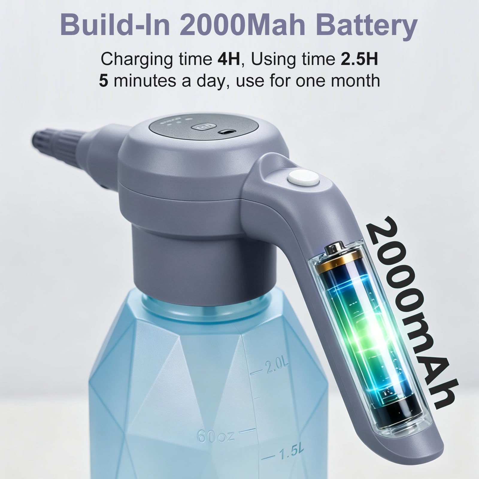OBEST Pulverizador Eléctrico 2L, 3 Velocidades y 4 Modos de Pulverización | Botella Pulverizadora Portátil recargable para Jardín, Adecuado para Jardín,Patio,Césped y Limpieza General