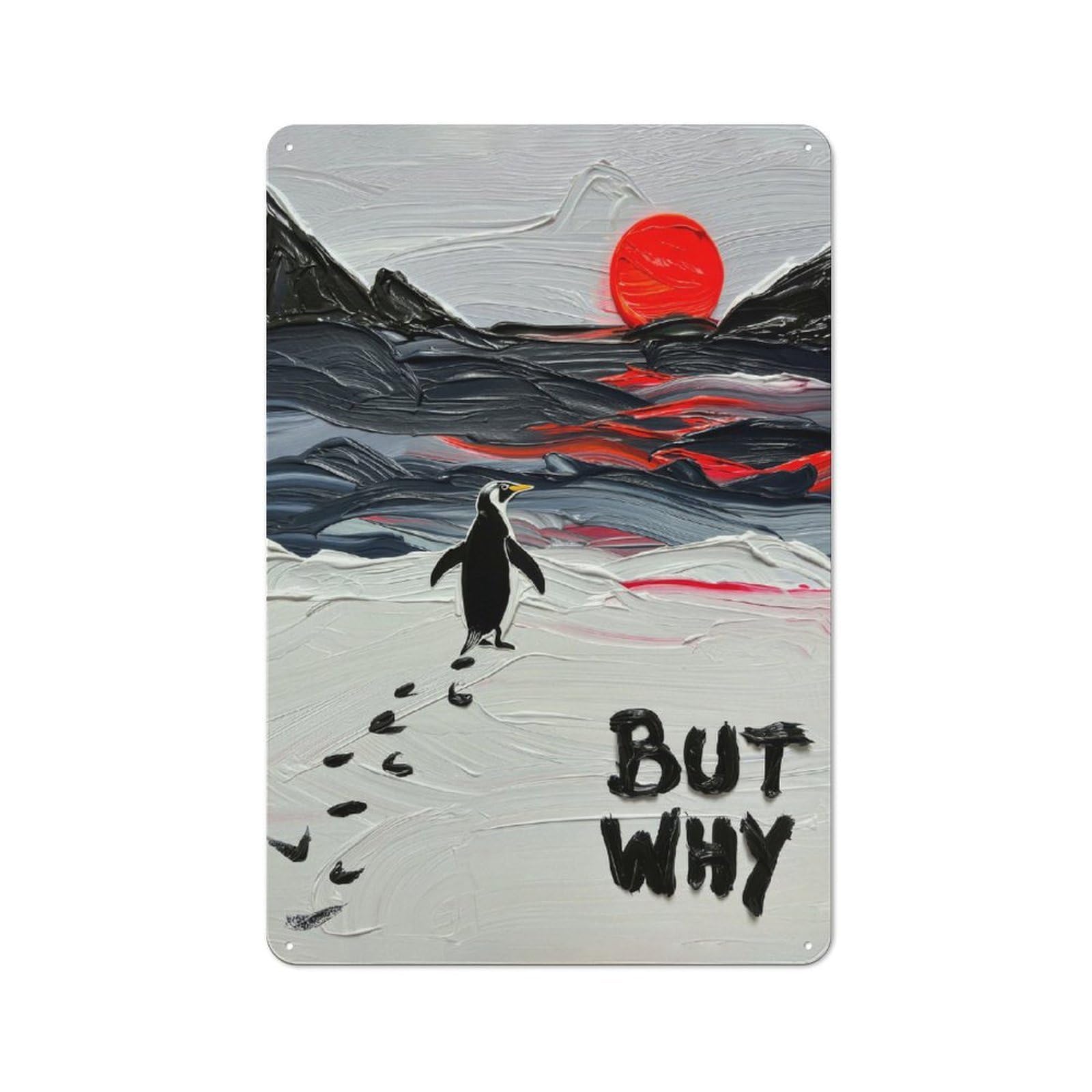Junmoney Style-5 Penguin And The Red Sun Warehouse Style Metal Wall Decor 30X20cm, Tin Wall Sign For Modern Home, Workshop, Office Or Cafe