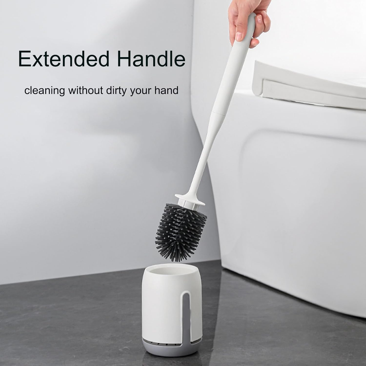 FYCAN Bathroom wall Mounted Plastic Toilet Brush with Holder Set Cleaning Brush with Stainless Steel Handle Decorative wall Mount 360 Degrees Toilet Cleaning Brush Nonslip Long Handle Toilet Brush