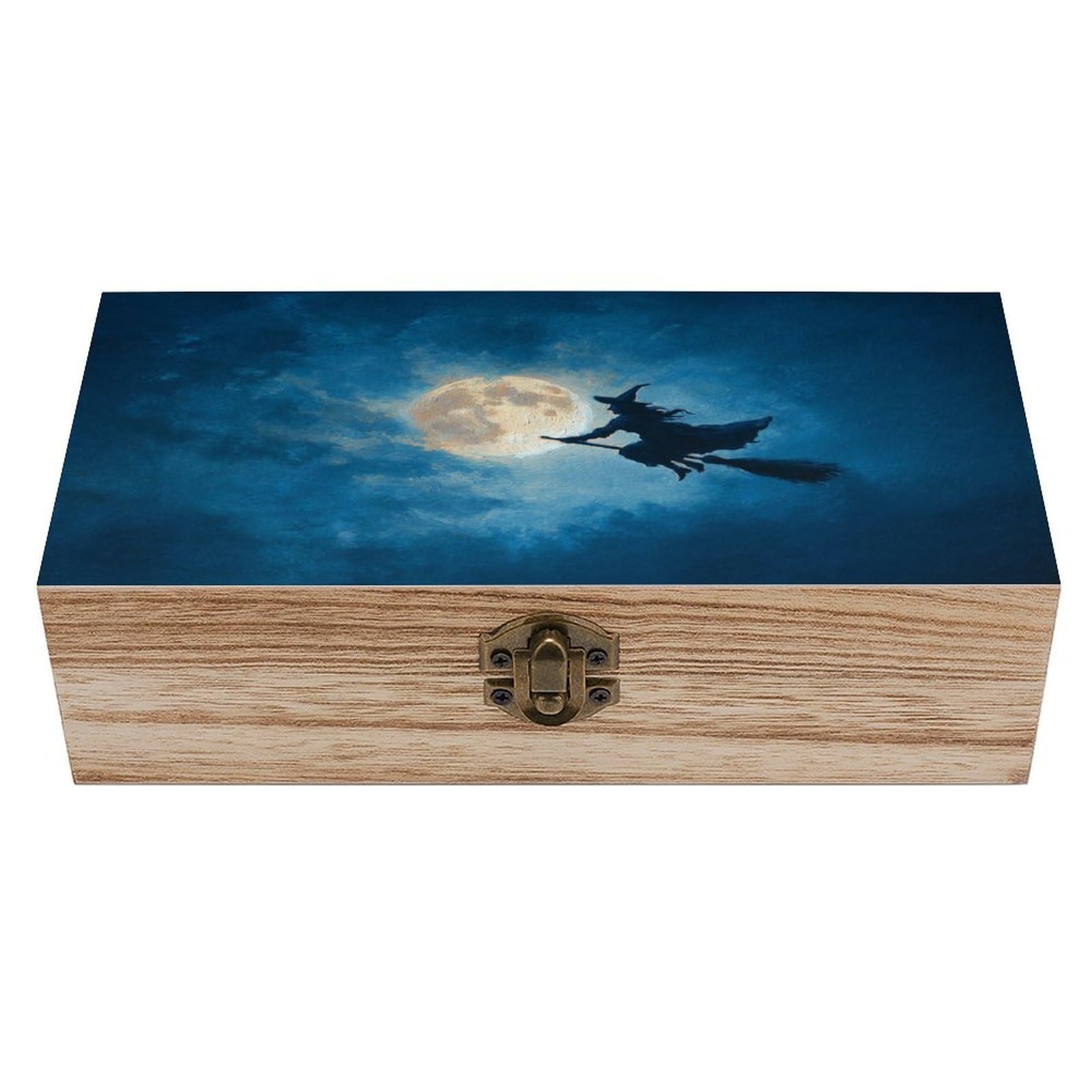 Ahdyr As Pic Witch Flying On Broomstick Full Moon Wooden Storage Box With Hinged Lid And Front Clasp Large Keepsake Box