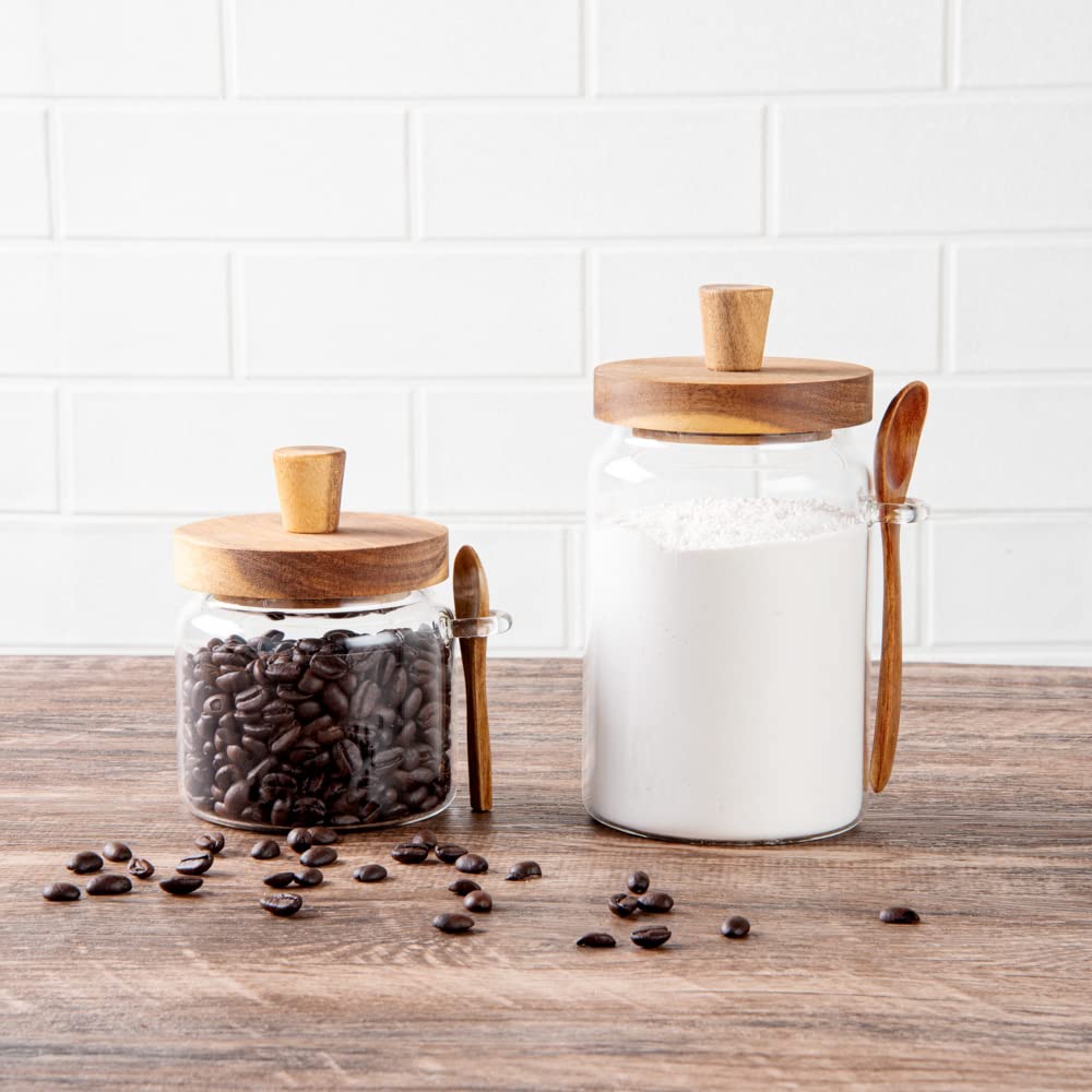 Restaurantware Vetri - Tarro de almacenamiento de vidrio de 17 onzas, con tapa de acacia, 3 1/4 pulgadas x 3 1/4 pulgadas x 5 pulgadas, 1 caja