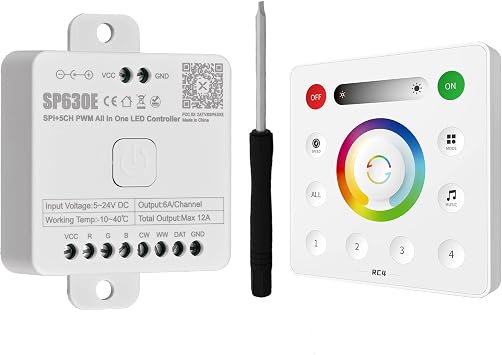 SP630E 4-Zone Blue-Tooth LED Controller with RC4 2.4G RF Remote | Works with PWM RGBCCT RGBWW FCOB COB SMD LED strips, Bluetooth APP control DC5V 12V 24V