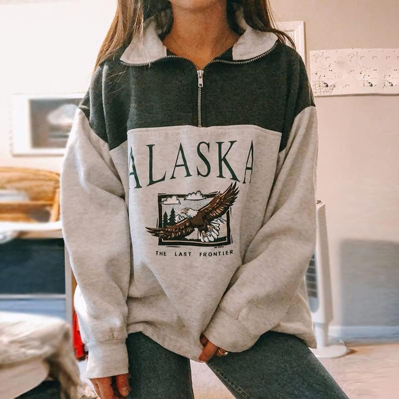 COOLMONAR Women Oversized Sweatshirt ALASKA Eagle Letter Collar Hoodie 1/4 Zipper Pullover Aesthetic Vintage Jacket - Image 4