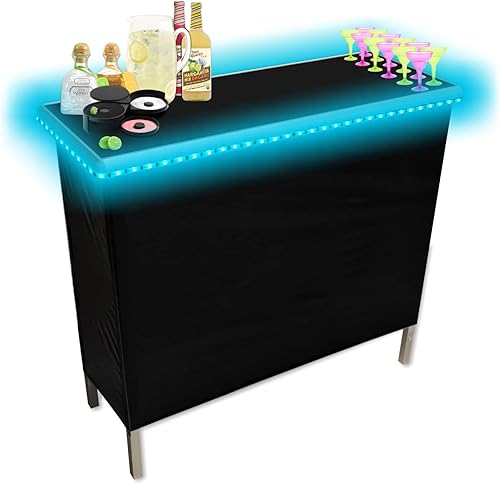 Black Folding Portable Party Bar wPatented Multi-Color LED Lights Black Skirt and Storage Shelf - Avoid Illegal Chinese Counterfeits