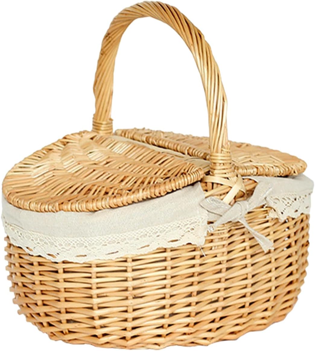 Woven Rattan Picnic Basket with Lid and Handle, Medium 35x24x17cm Fruit and Vegetable Storage Organizer for Outdoor Picnic, Grocery Shopping, and Harvesting
