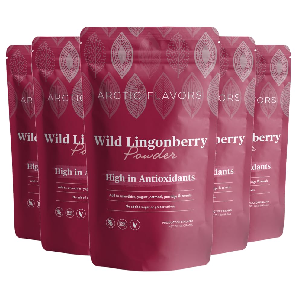 Wild Lingonberry Powder (Pack of 5), Freeze-Dried, Sustainably Sourced, from The Arctic Forests, Great for Smoothies, No Added Sugar
