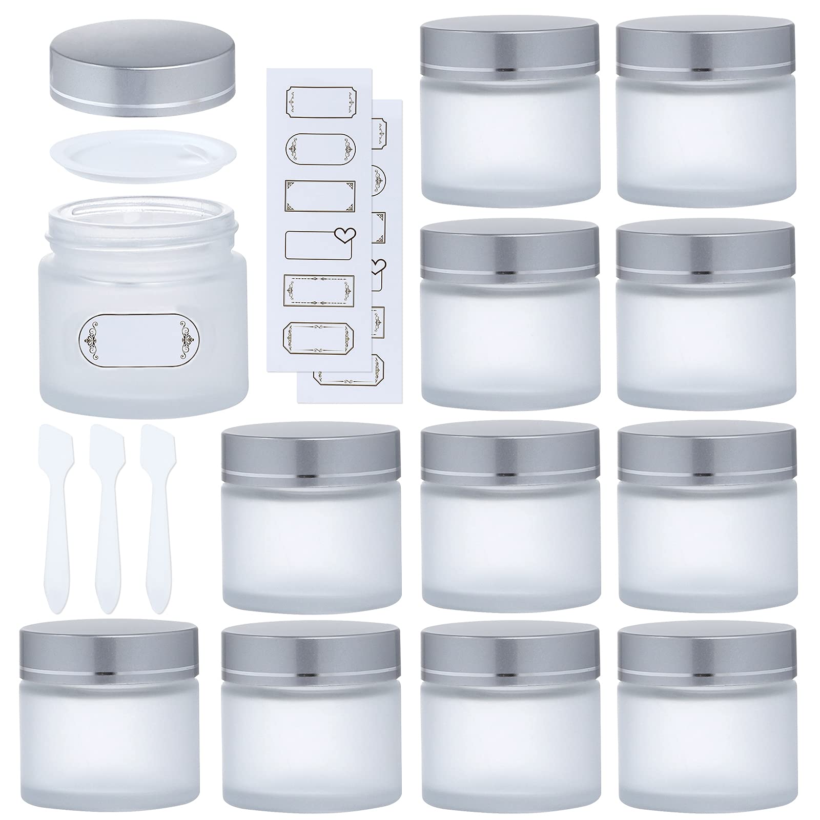 12 Pack 4 oz Matte Clear Glass Jars with Lids, Round Empty Containers for Scrubs, Lotions, Cosmetic, Ointments and Butters, Travel Storage Jar with White Inner Liners, Black Lids, lables and Spatulas