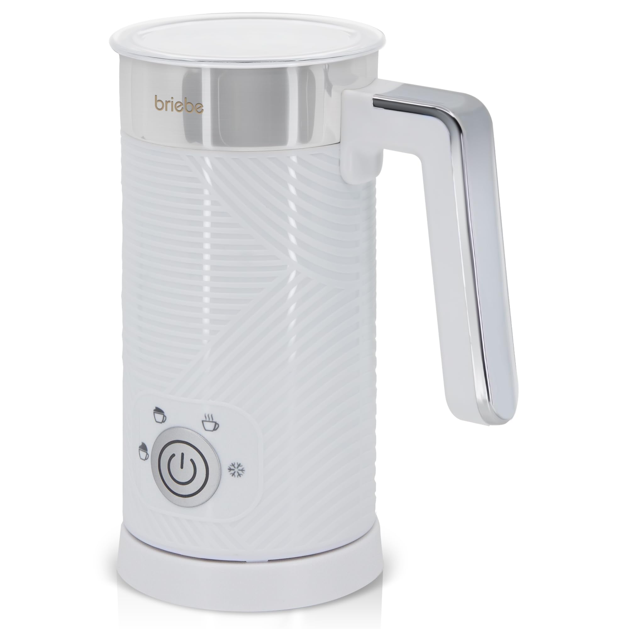briebe Elegance Espumador de Leche Eléctrico Calentador 4 en 1, Espuma Fría/Caliente 130ml para Café Latte, Capuchino, Macchiato, Leche Caliente 300ml, Milk Frother, Libre BPA, 500W, Diseño Blanco