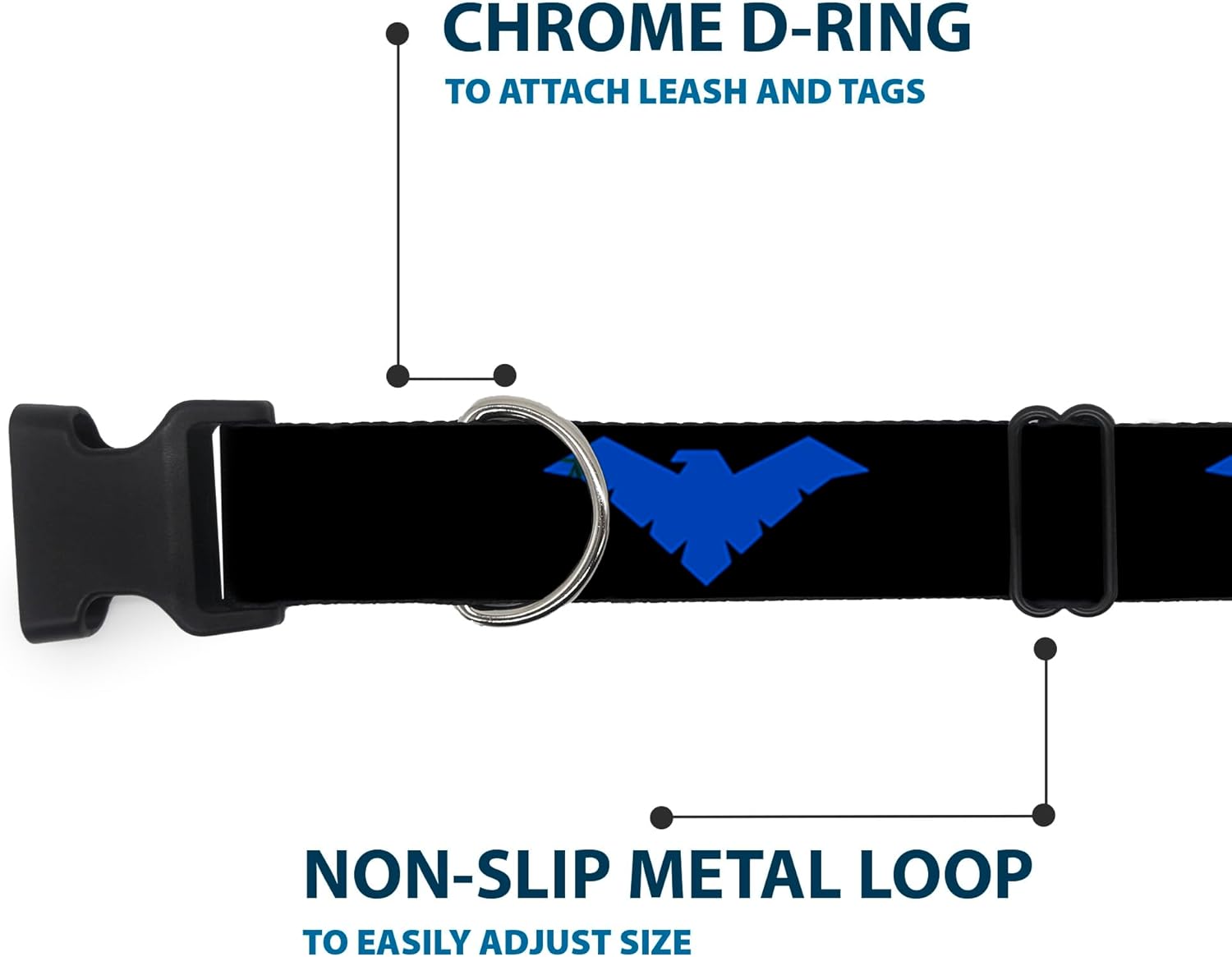Dog Collar Plastic Clip Nightwing Logo Black Blue 13 to 18 Inches 1.5 Inch Wide