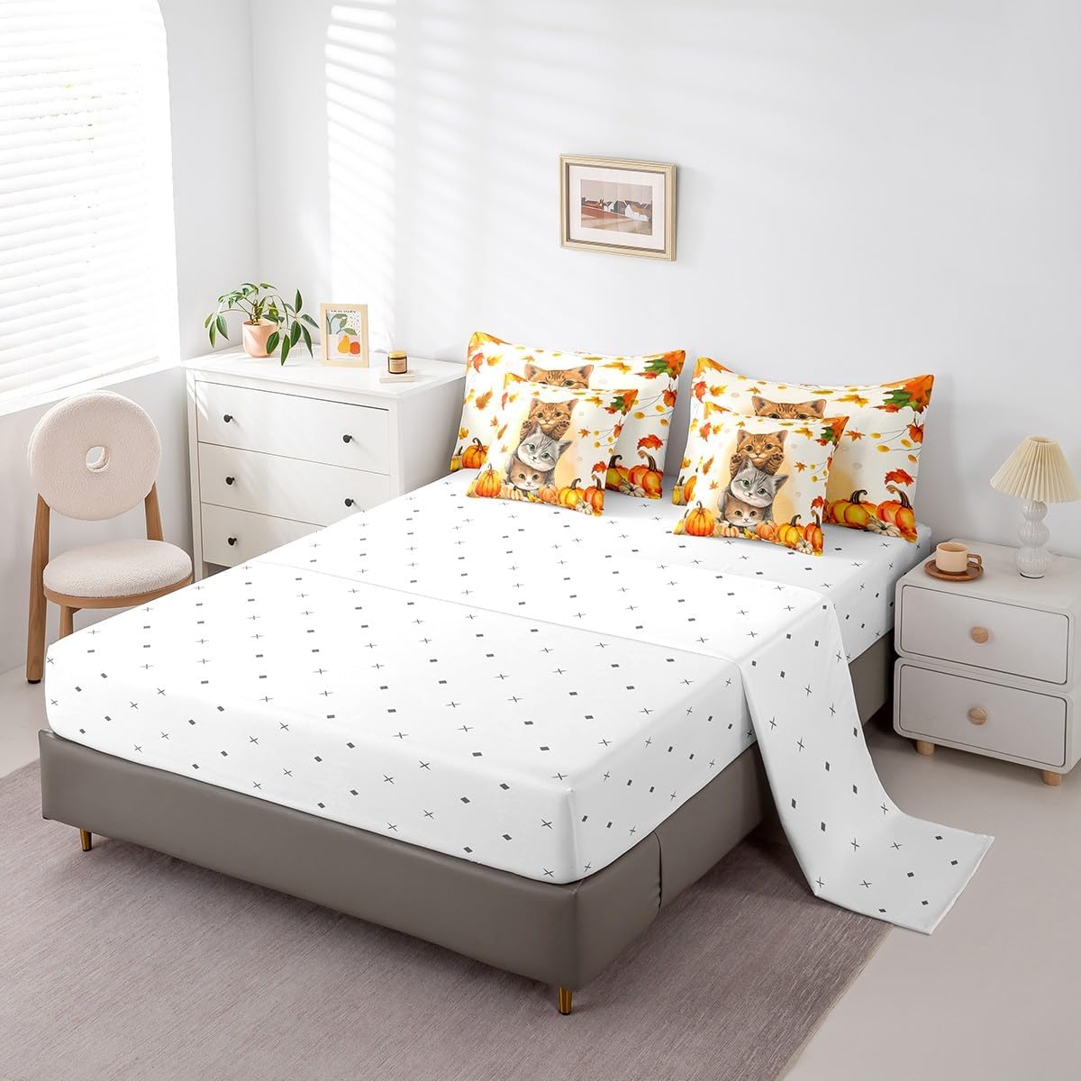 Erosebridal Fall Cat Queen Comforter Set with Sheets 7 Piece Pumpkin Maple Leaf Bedding Comforter Sets for Kids Adults Autumn Thanksgiving Bed in A Bag Happy Fall Decorations Bed Set Reversible
