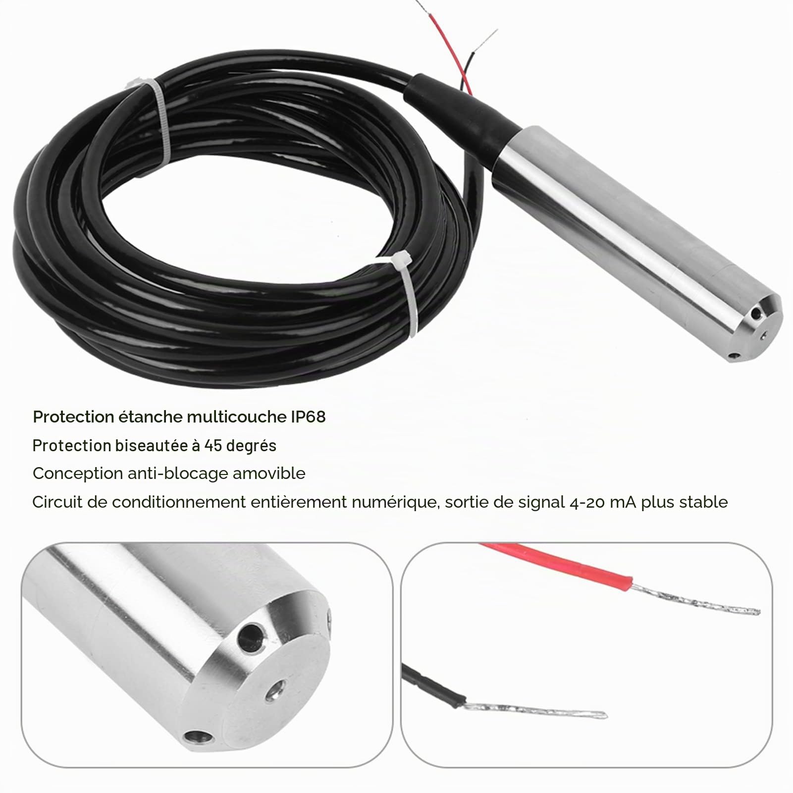 Ejoyous Capteur de Niveau d'Eau TL-136, Capteur de Niveau de Liquide en Acier Inoxydable IP68, Capteur de Niveau d'Eau DC 24V 4-20ma, Portée de 0 à 3 mètres