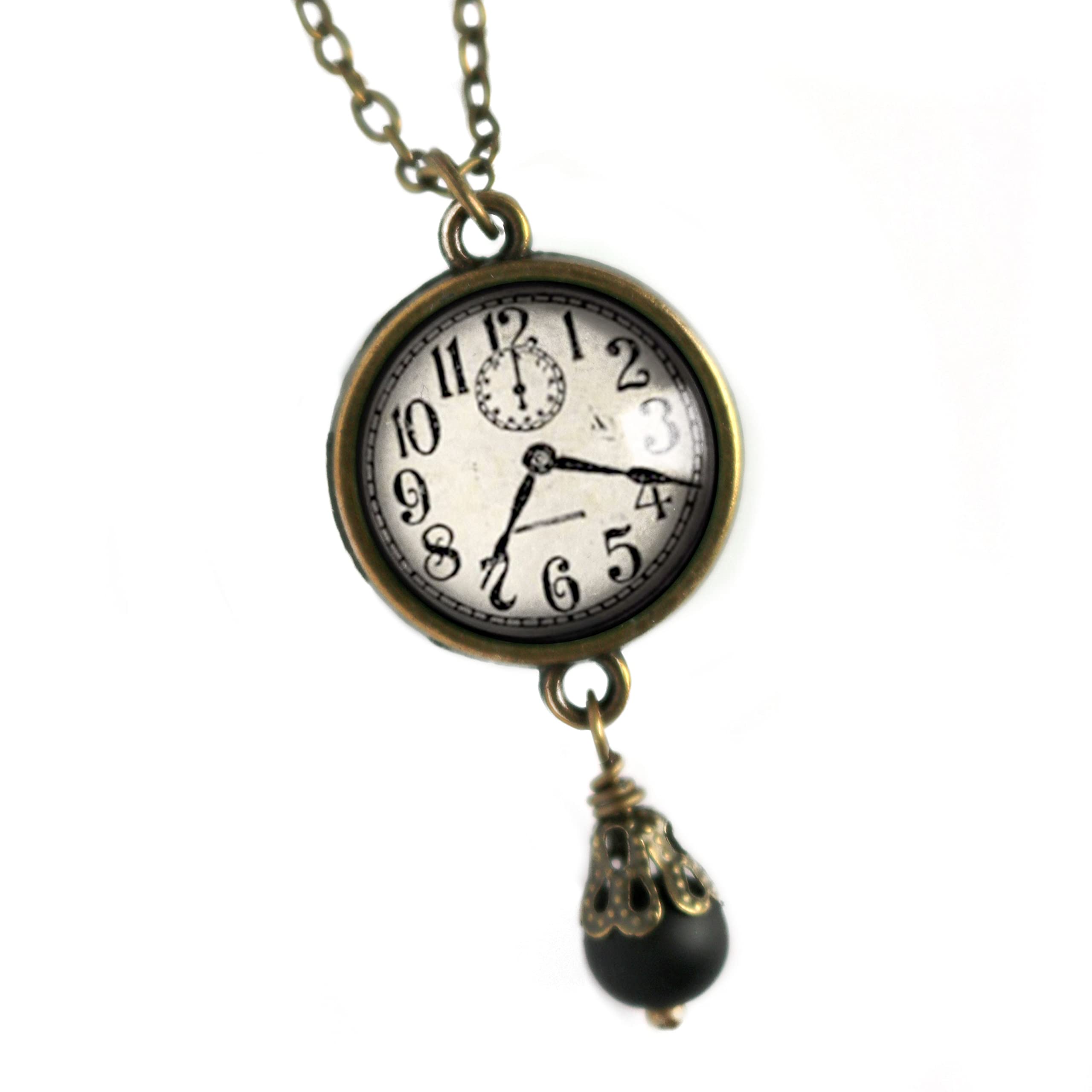 Black And White Clock Reversible Pendant Necklace With 18" Nicke-Free Brass Chain