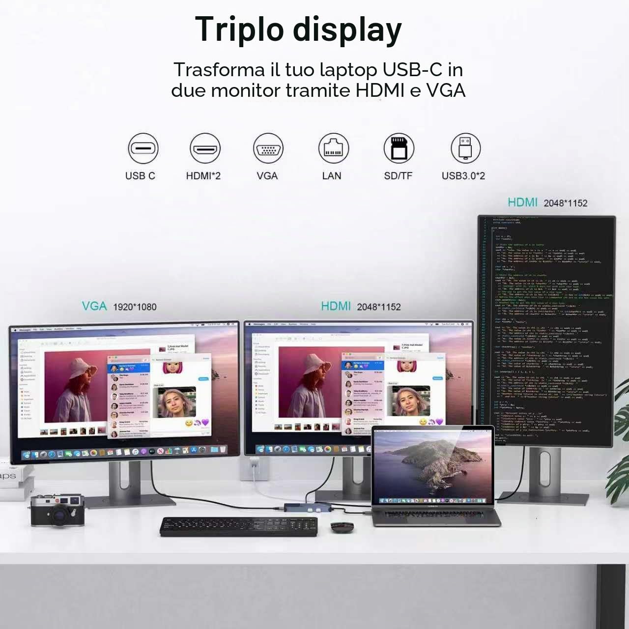 USB Docking Station GIQ USB C HUB USB 3.0 to Dual HDMI VGA Adapter Triple Display USB C Laptop Docking Station Dual Monitor HDMI Splitter Extender Compatible with MacBook M1 M2 M3 M4 M5 USB Dock-Gray