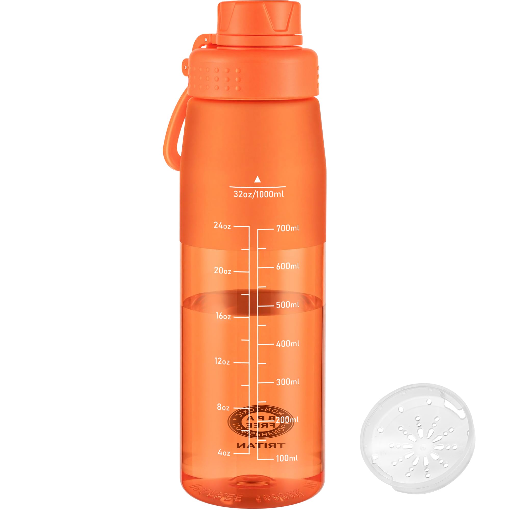 GOPPUS 1L/32oz Clear Tritan Water Bottle with Screw Lid, Drinks Bottle with Wide Mouth, Fruit Infuser, Leakproof, BPA Free, Carry Handle, Measurement Markings, Dust Cap (Orange)