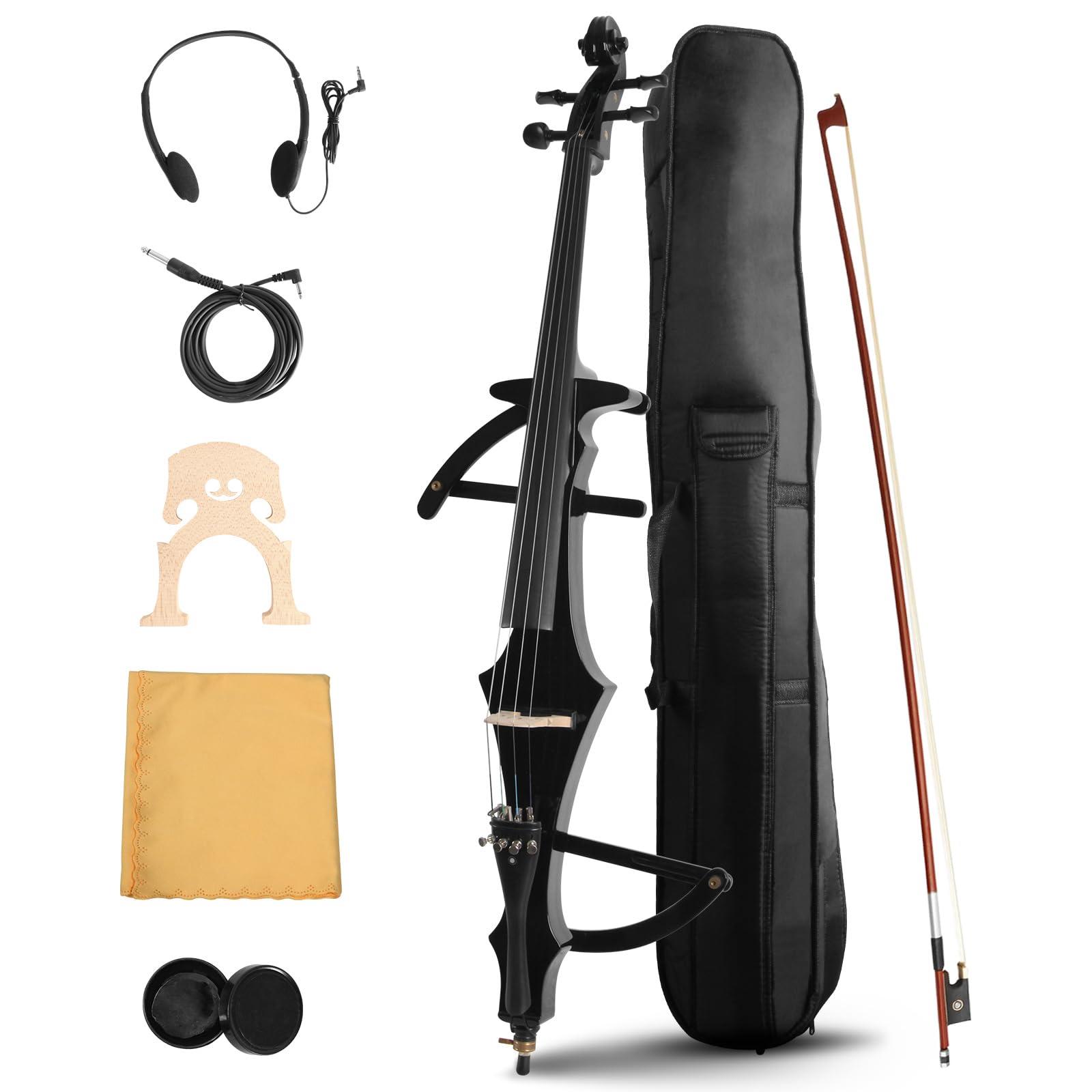 Ceciliec Electric Cello 4/4 Full Size Ebony Fittings with Lightweight Cello Bag, Headphones, Bow, Bridge, Rosin, Cello for Beginners Adults Student,Metallic Black