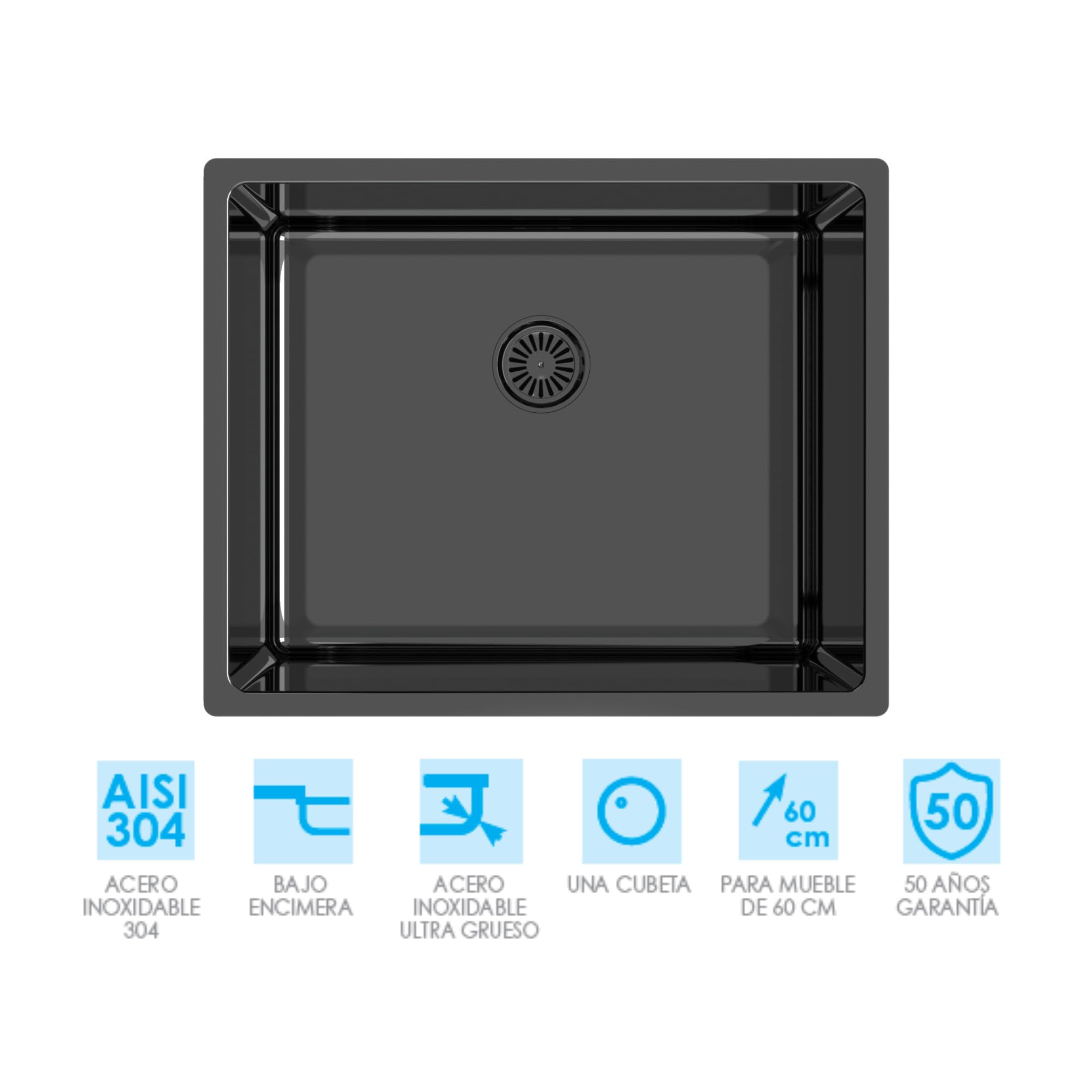 Fregadero Bajo Encimera Edesa FUJI BE 50X40 cm, 1 Cubeta Cuadrada, Profundidad 18 cm, Fonoabsorbente, Accesorios Incluidos, Acero Inoxidable, Color Negro