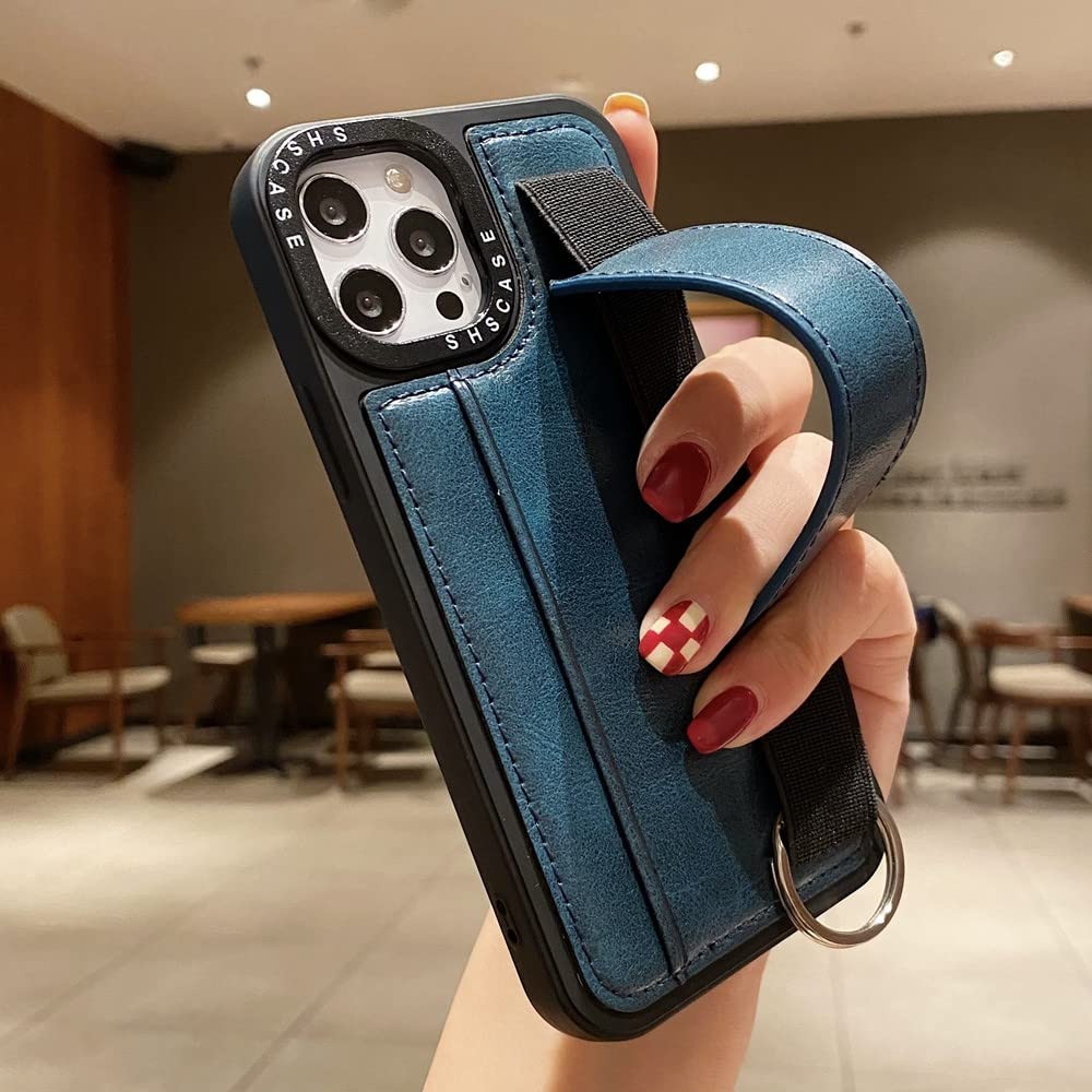 Funda de cuero con correa para la muñeca con ranura para carrito para iPhone 13 14 11 12 Pro X Xs Max Xr 7 8 6s 14 Plus SE 2020 Funda con soporte para banda de mano, azul marino, para iphone 13