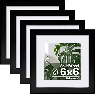Egofine 6x6 Picture Frames Set of 4, Made of Solid Wood Covered by Plexiglass Display 4x4 with Mat or 6x6 without Mat, for Table Top Display and Wall Mounting Photo Frame, Black