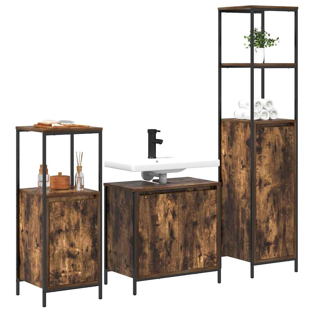 Juego de 3 piezas de lavabo con armario para lavabo de roble ahumado, 36 x 35 x 165 cm, moderno mueble de baño para pequeños baños e invitados