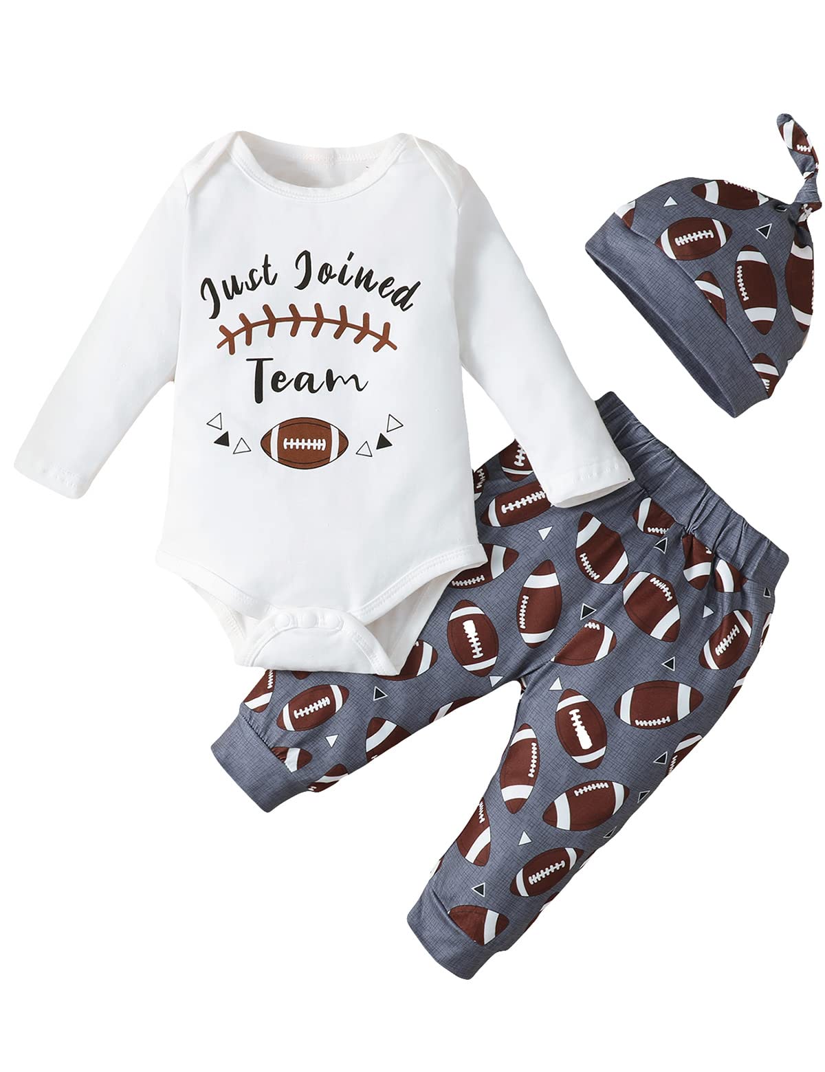 Aslaylme Newborn Boy Coming Home Outfit Baby Football Clothes Just Joined Team Bodysuit (Brown-Just,3-6 Months)