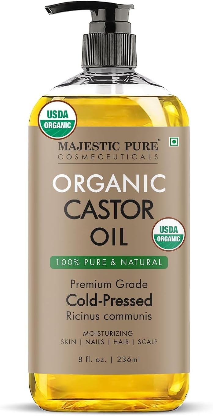 Majestic Pure USDA Organic Castor Oil, 100% Pure & Natural Body Oil -8 FlOz | Cold Pressed & Hexane Free Oil for Scalp treatment, Eyelashes, Eyebrows, Skin, Body, Face, Nails