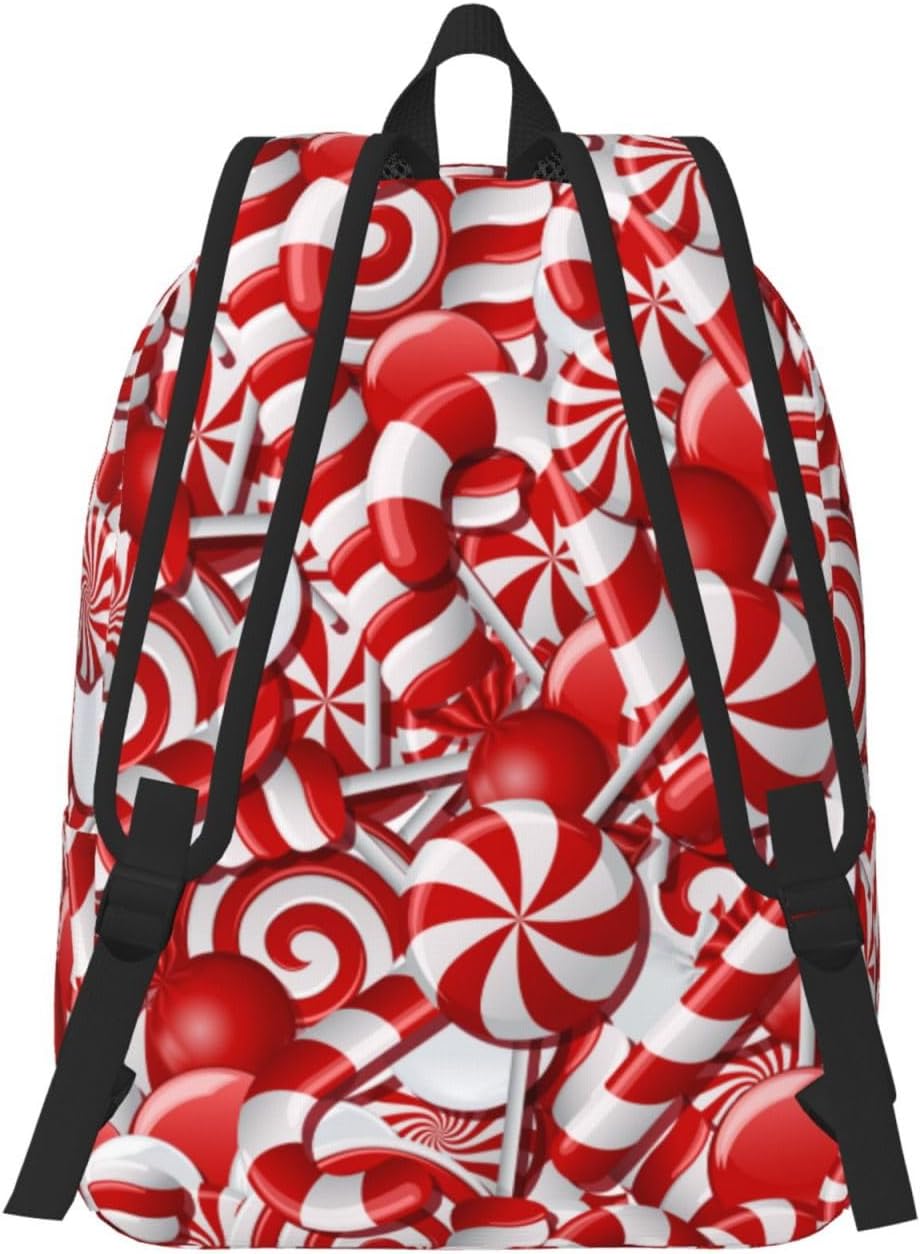 Red And White Christmas Lollipop Swirl Candy Backpack for Girls Boys Women Lightweight Canvas Bookbag Casual Daypack for Travel Outdoor Camping, 15 Inch - Image 5