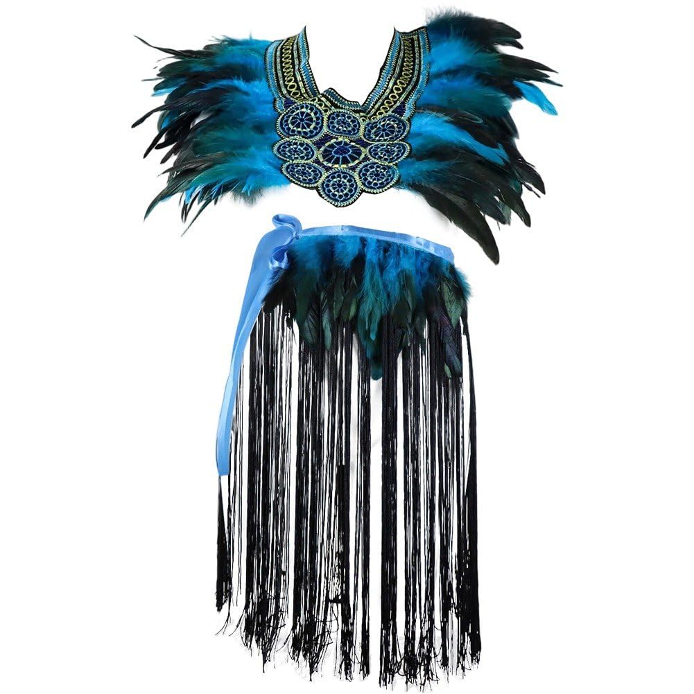 Uzztfa Blue Gothic Feather Shawl Cape And Feather Skirt Gothic Halloween Cosplay Costumes Party Fancy Dress Accessories