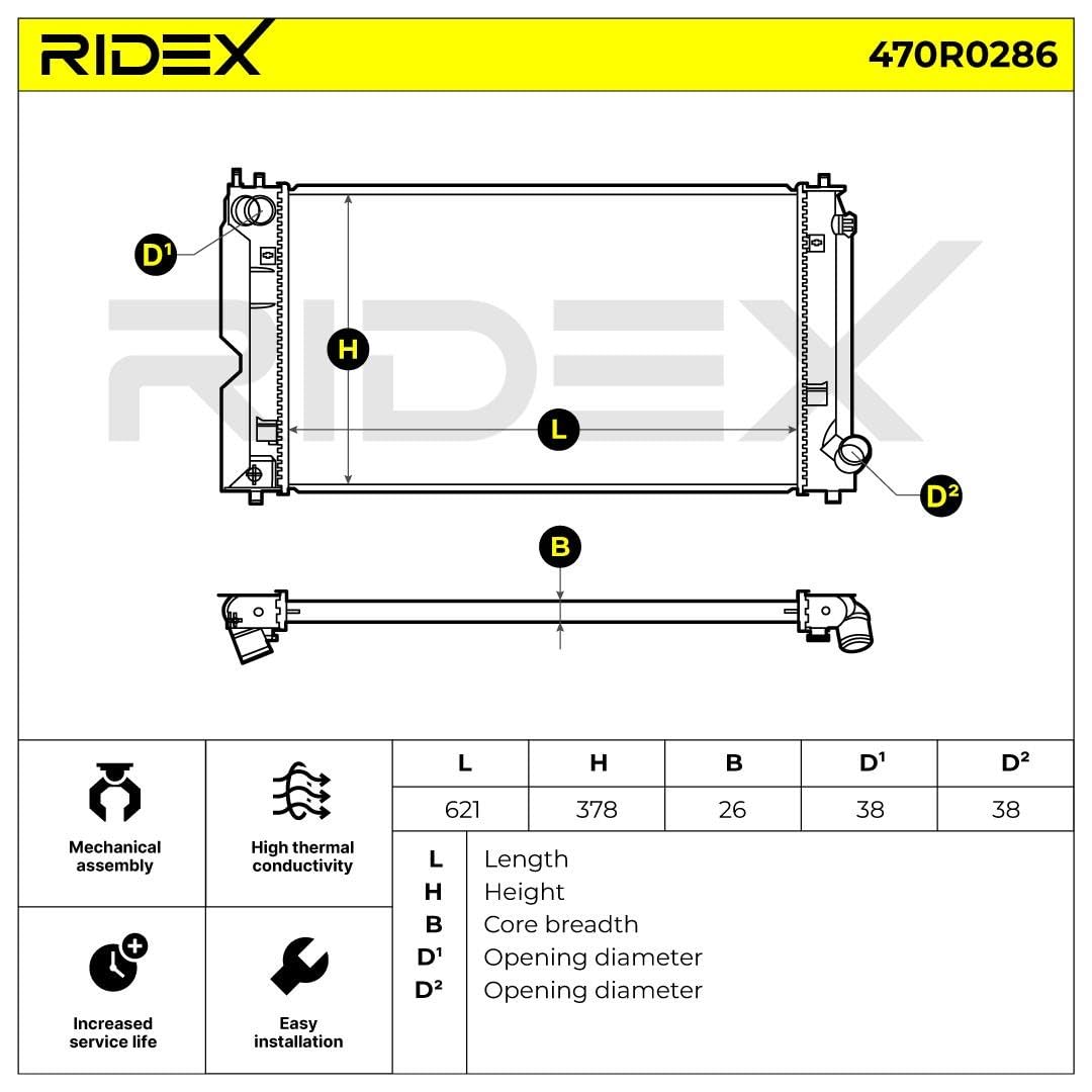 RIDEX 470R0286 Radiador refrigeración del motor Compatible con TOYOTA AVENSIS Ranchera familiar T25 Gasóleo