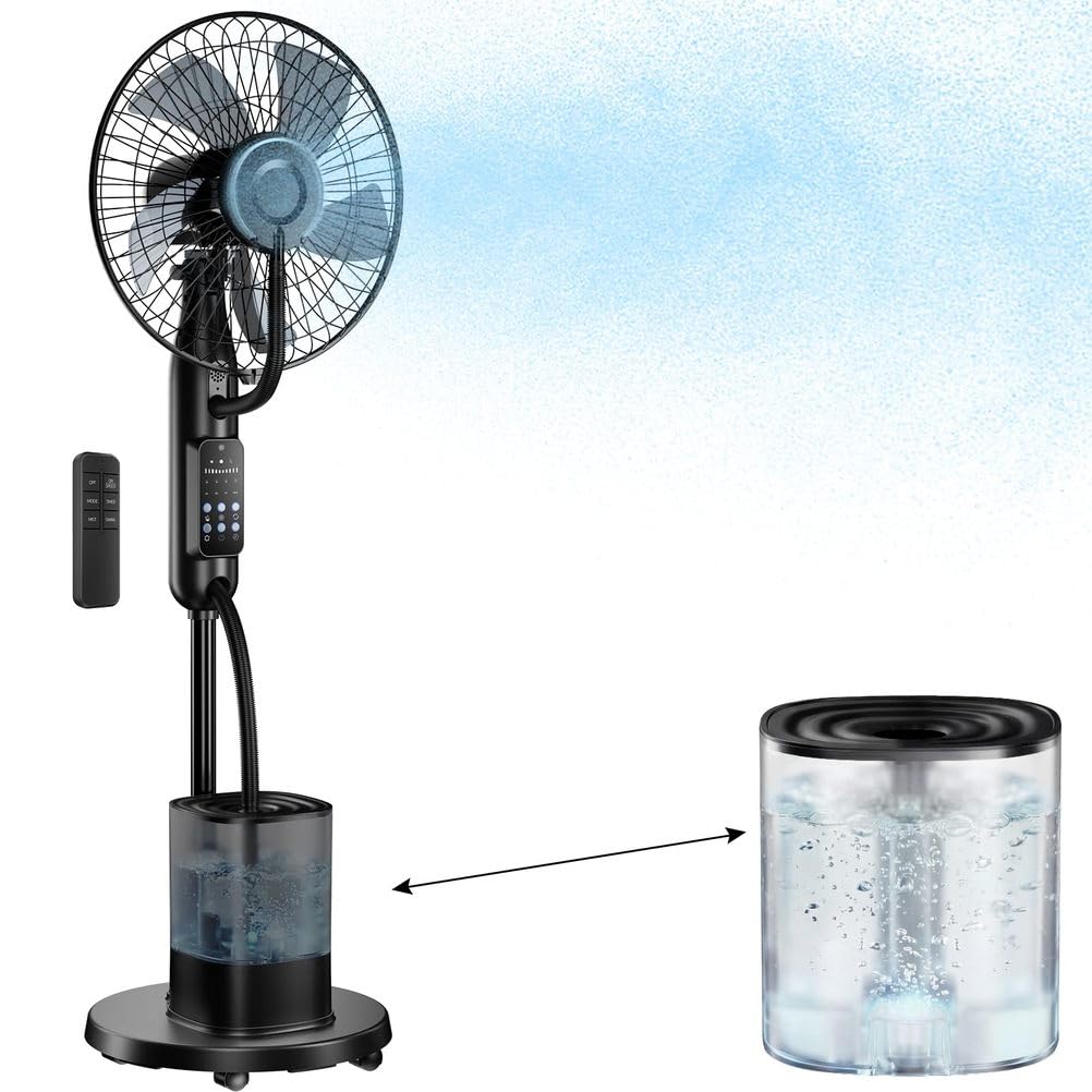 Ventilatore a Piantana Nebulizzatore 4L con Telecomando, 5 velocità | Ampio Serbatoio Acqua, 3 Modalità Raffreddamento per Casa, Camera, Ufficio, Soggiorno, Garage, Terrazza e Estate Esterni