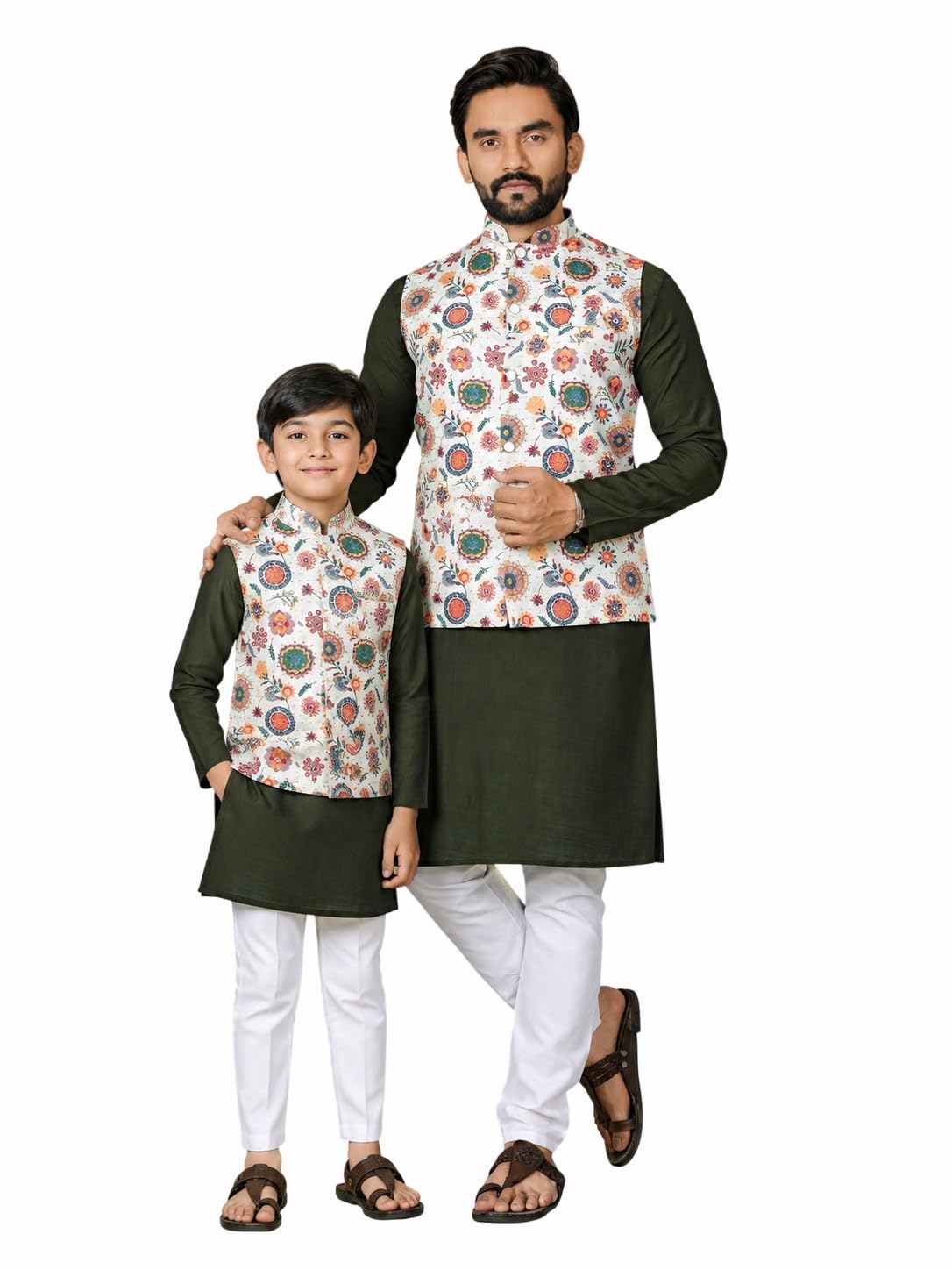 Father & Son Combo Printed Koti Kurta Set MEHENDI Men XL Boy 4-image-34