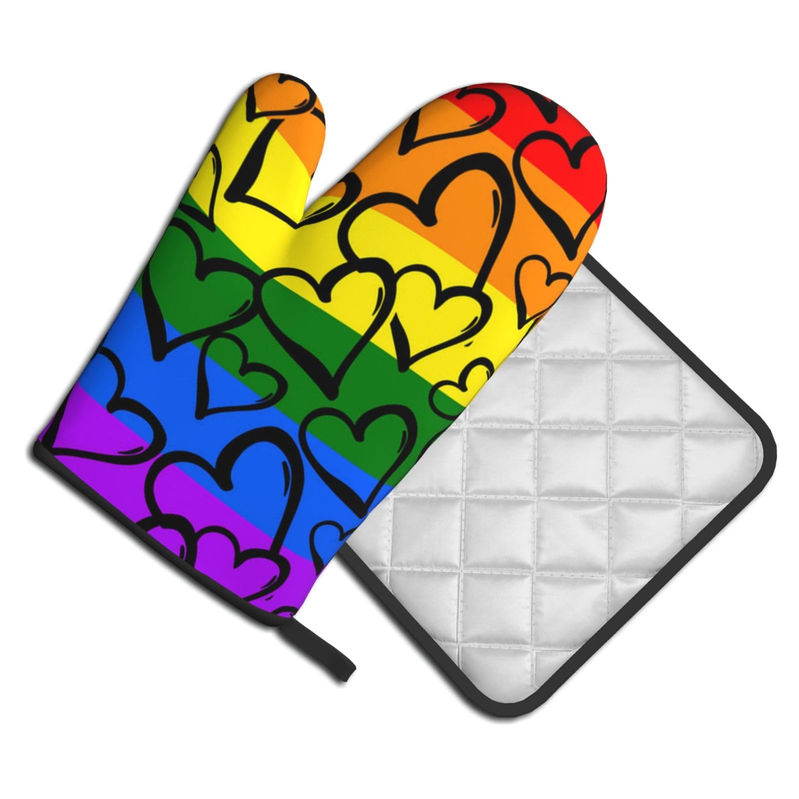 Oven Mitts and Pot Holders Set of 2 Pcs, Gay Pride Rainbow Pattern Printed Heat Resistant Kitchen Gloves Potholders for Cooking Baking Grilling
