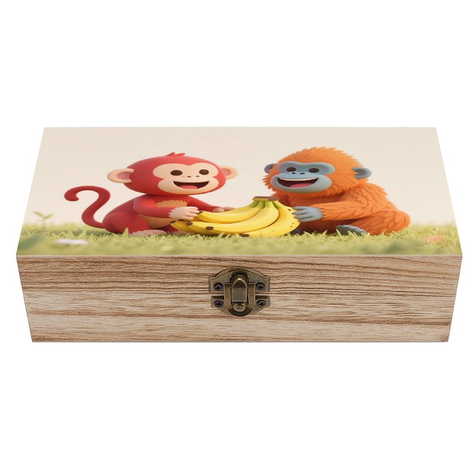 VstaDank Red Monkey Orangutan Banana Wooden Box Sturdy Vintage Storage Box with Hinged Lid Exquisite Wood Keepsake Boxes Large Jewelry Case Cute Trinket Holder Unique Gift for Men & Women